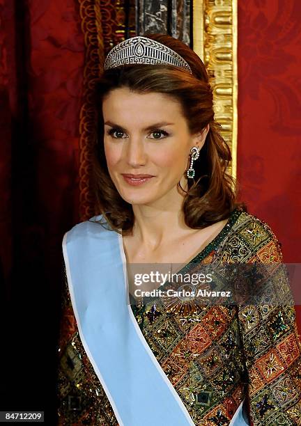 Princess Letizia of Spain attends a Gala Dinner honouring Argentine President Cristina Fernandez de Kirchner, at The Royal Palace on February 09,...