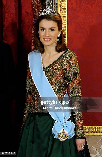 Princess Letizia of Spain attends a Gala Dinner honouring Argentine President Cristina Fernandez de Kirchner, at The Royal Palace on February 09,...