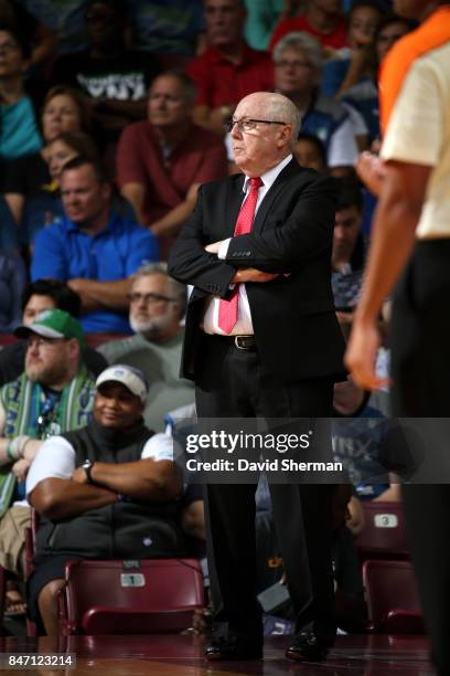 Mike Thibault of the Washington Mystics looks on during the game against the Minnesota Lynx in Game Two of the Semifinals during the 2017 WNBA...