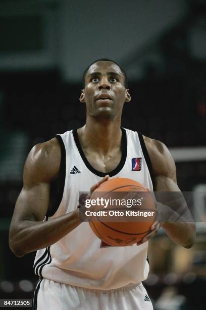 Jason Ellis of the Idaho Stampede shoots a free throw during the D-League game against the Reno Bighorns on January 15, 2009 at Qwest Arena in Boise,...