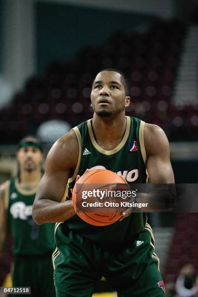 Garry Hill-Thomas of the Reno Bighorns shoots a free throw during the D-League game against the Idaho Stampede on January 15, 2009 at Qwest Arena in...