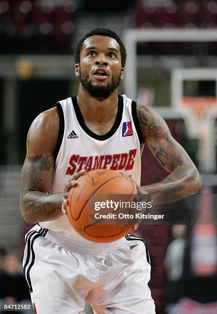 Jamaal Tatum of the Idaho Stampede shoots a free throw during the D-League game against the Reno Bighorns on January 15, 2009 at Qwest Arena in...