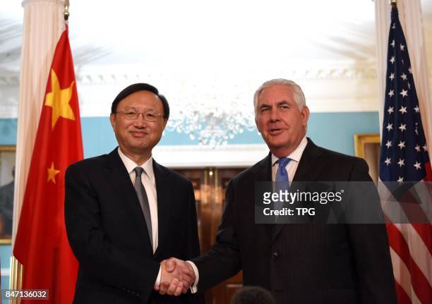Chinese State Councilor Yang Jiechi meets with US Secretary of State Rex Tillerson at United States Department of State in Washington D. C., the US,...