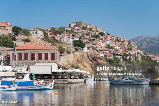 fishing boats moored in molyvos harbour, lesvos, greece. - mytilene stock pictures, royalty-free photos & images