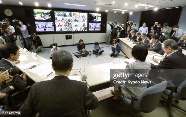 Photo taken on Sept. 15 shows a Hokkaido government teleconference room in Sapporo after a North Korean ballistic missile flew over the northern...