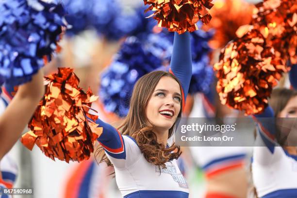 Boise State Broncos cheerleader performs during first half action between the New Mexico Lobos and the Boise State Broncos on September 14, 2017 at...