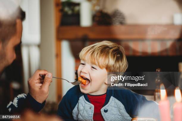 cute child during christmas lunch - table dinner winter imagens e fotografias de stock