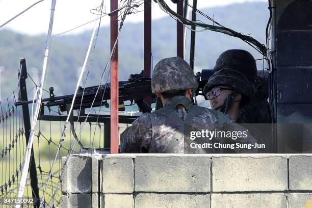 South Korean army soldiers stand guard at Imjingak Pavilion, near the demilitarized zone of Panmunjom on September 15, 2017 in Paju, South Korea....