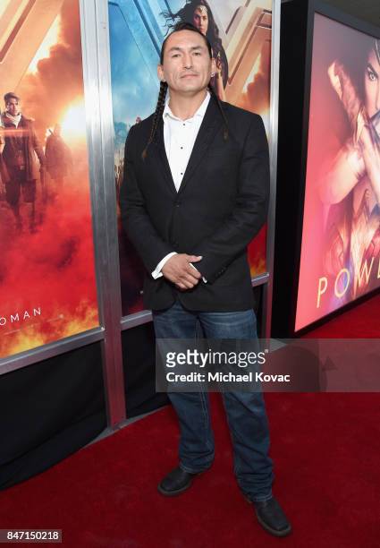 Actor Eugene Brave Rock attends the Warner Bros. Home Entertainment and Intel presentation of "Wonder Woman in the Sky" at Dodger Stadium on...