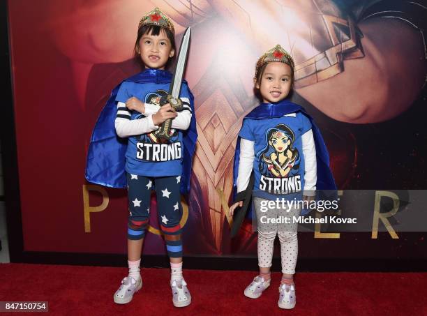 Kids attend the Warner Bros. Home Entertainment and Intel presentation of "Wonder Woman in the Sky" at Dodger Stadium on September 14, 2017 in Los...