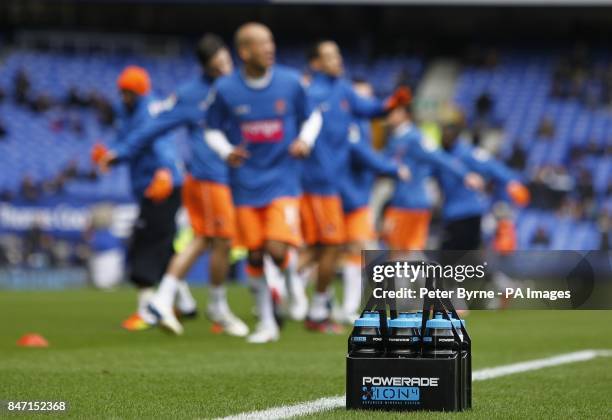 Blackpool players warm up prior to kick off