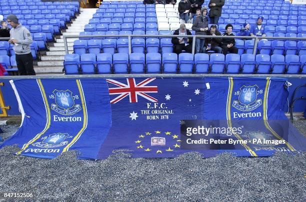 Everton banners lie around the pitch