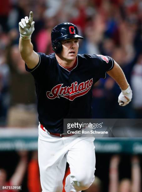 Jay Bruce of the Cleveland Indians celebrates after hitting a game winning single off Brandon Maurer of the Kansas City Royals during the tenth...