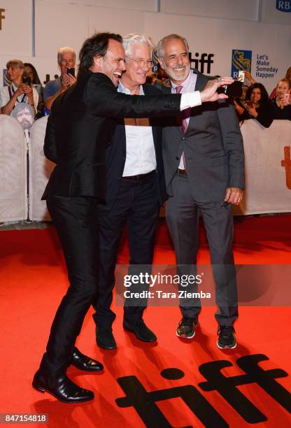 Actors Walton Goggins, Richard Gere and director Jon Avnet attend the 'Three Christs' premiere during the 2017 Toronto International Film Festival at...