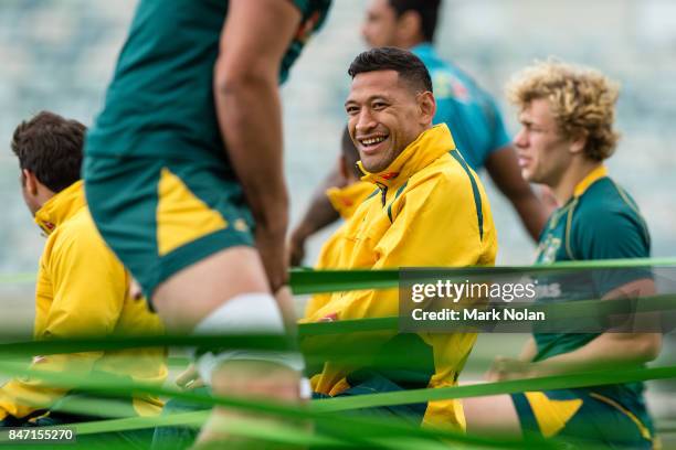 Israel Folau watches on during the Australian Wallabies Captain's Run at GIO Stadium on September 15, 2017 in Canberra, Australia.