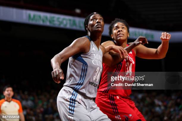 Sylvia Fowles of the Minnesota Lynx fights for the position against Krystal Thomas of the Washington Mystics in Game Two of the Semifinals during the...