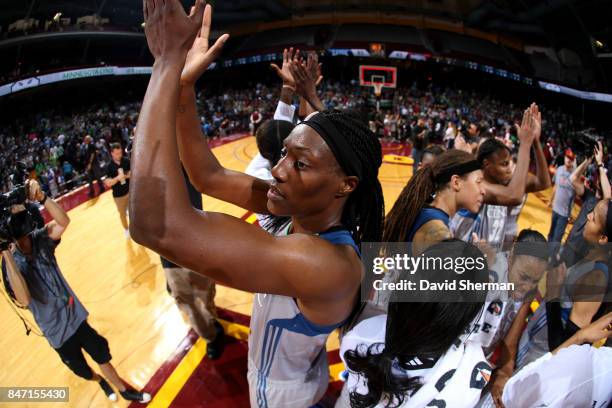 Sylvia Fowles of the Minnesota Lynx celebrates her victory against the Washington Mystics in Game Two of the Semifinals during the 2017 WNBA Playoffs...