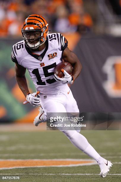 John Ross of the Cincinnati Bengals runs with the ball against the Houston Texans during the first half at Paul Brown Stadium on September 14, 2017...