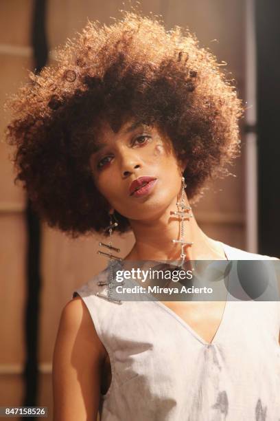 Model poses backstage at the Livari By Alysia Reiner, Claudine De Sola & Tabitha St. Bernard-Jacobs fashion show during New York Fashion Week:...