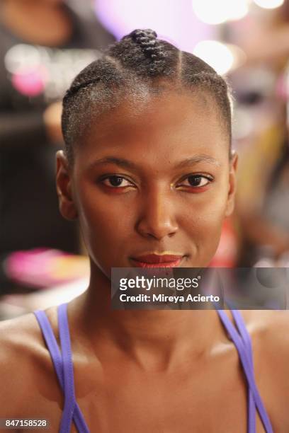 Model poses backstage at the Livari By Alysia Reiner, Claudine De Sola & Tabitha St. Bernard-Jacobs fashion show during New York Fashion Week:...