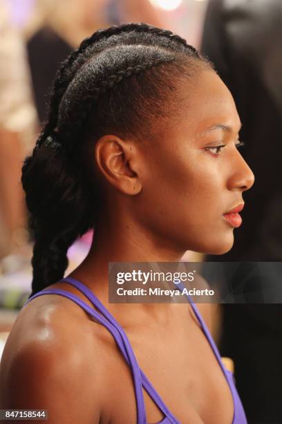 Model poses backstage at the Livari By Alysia Reiner, Claudine De Sola & Tabitha St. Bernard-Jacobs fashion show during New York Fashion Week:...