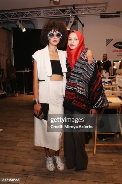 Models pose backstage at the Livari By Alysia Reiner, Claudine De Sola & Tabitha St. Bernard-Jacobs fashion show during New York Fashion Week:...