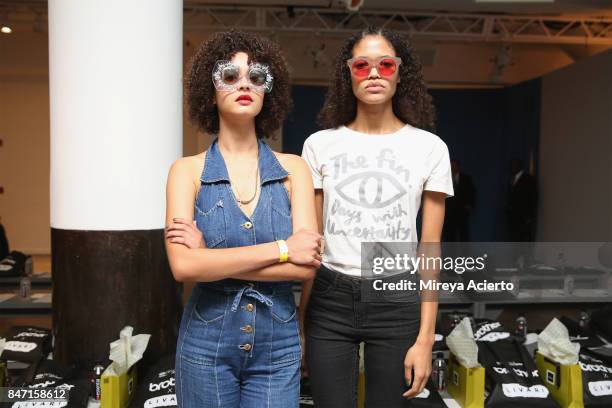 Models pose backstage at the Livari By Alysia Reiner, Claudine De Sola & Tabitha St. Bernard-Jacobs fashion show during New York Fashion Week:...