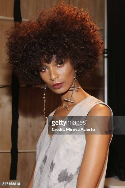 Model poses backstage at the Livari By Alysia Reiner, Claudine De Sola & Tabitha St. Bernard-Jacobs fashion show during New York Fashion Week:...