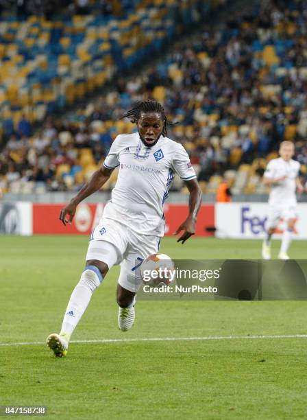 Dieumerci Mbokani of Dynamo during the UEFA Europa League Group B football match between FC Dynamo Kiev and KF Skenderbeu at the Olimpiyskyi Stadium...