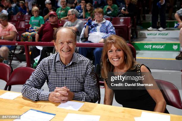 Glen Taylor and Becky Mulvihill are seen at the game between the Minnesota Lynx and the Washington Mystics in Game Two of the Semifinals during the...