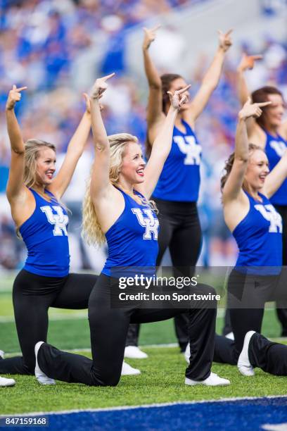 The Kentucky dance team takes the field during a regular season college football game between the Eastern Kentucky Colonels and the Kentucky Wildcats...