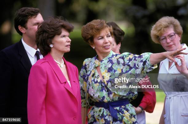 Danielle Mitterrand with Raisa Gorbachev in Moscow on May 7, 1986 in Moscow, Russia.