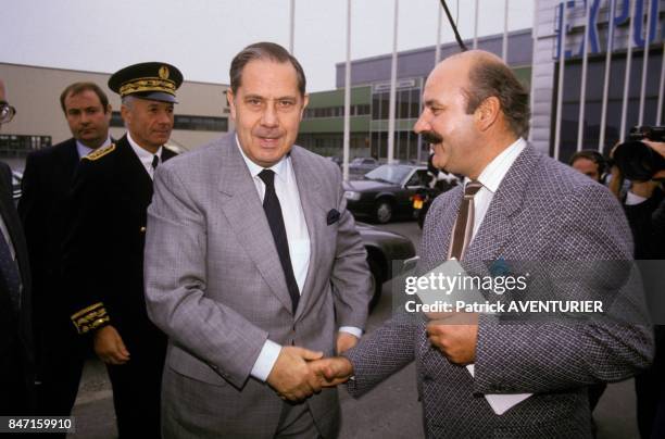 Charles Pasqua at Congress of police trade unions federation FASP with General Secretary Bernard Deleplace on October 16, 1986 in France.