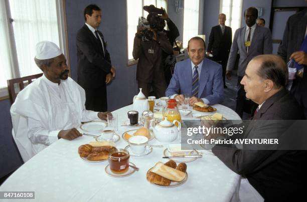 Left to right, Chadian president Hissene Habre, French prime minister Jacques Chirac and Francois Mitterrand, President of the Republic, having...