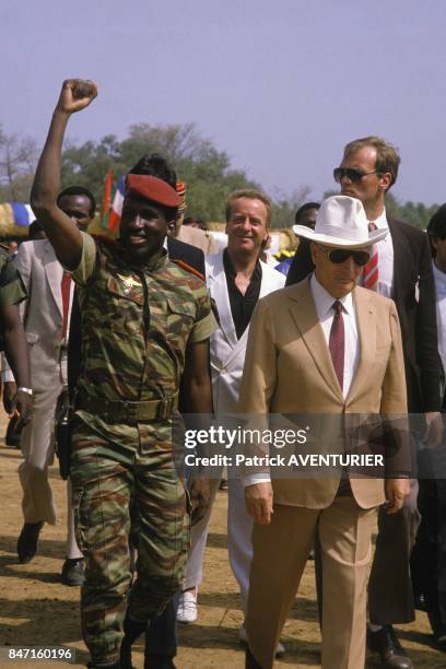 French President Francois Mitterrand received by Thomas Sankara, President of Burkina Faso, on November 18, 1986 in Ougadougou, Burkina Faso.