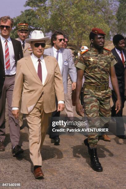 French President Francois Mitterrand received by Thomas Sankara, President of Burkina Faso, on November 18, 1986 in Ougadougou, Burkina Faso.