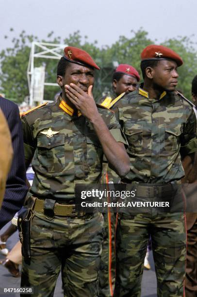 Thomas Sankara, President of Burkina Faso, left, during the visit of French President Francois Mitterrand on November 18, 1986 in Ougadougou, Burkina...