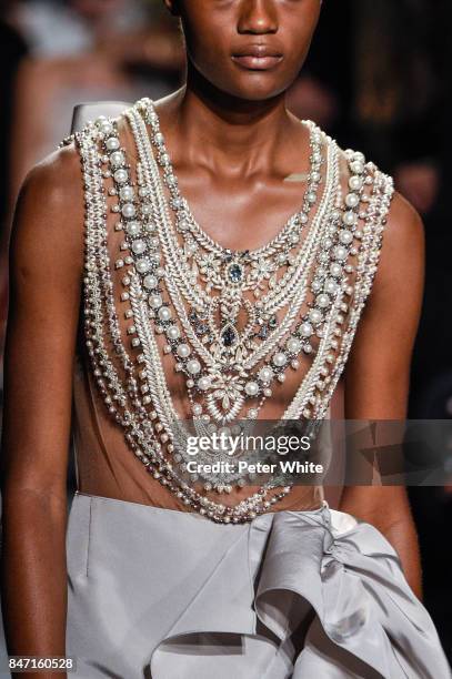 Model, fashion detail, walks the runway at Marchesa Spring 2018 during New York Fashion Week at Gallery 1, Skylight Clarkson Sq on September 13, 2017...