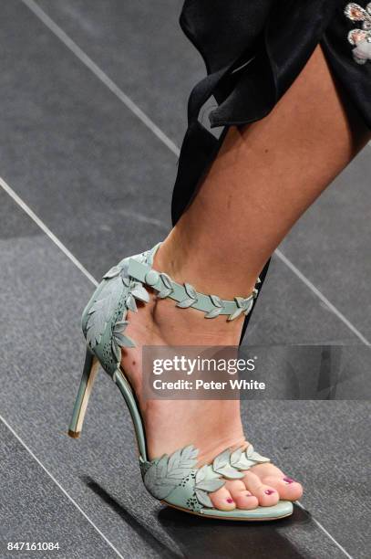 Model, shoe detail, walks the runway at Marchesa Spring 2018 during New York Fashion Week at Gallery 1, Skylight Clarkson Sq on September 13, 2017 in...