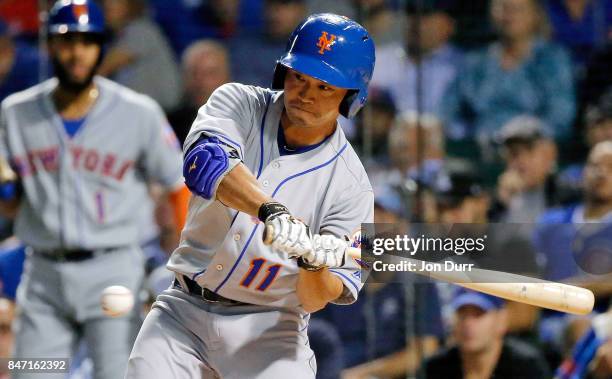 Norichika Aoki of the New York Mets at bat against the Chicago Cubs during the third inning at Wrigley Field on September 14, 2017 in Chicago,...