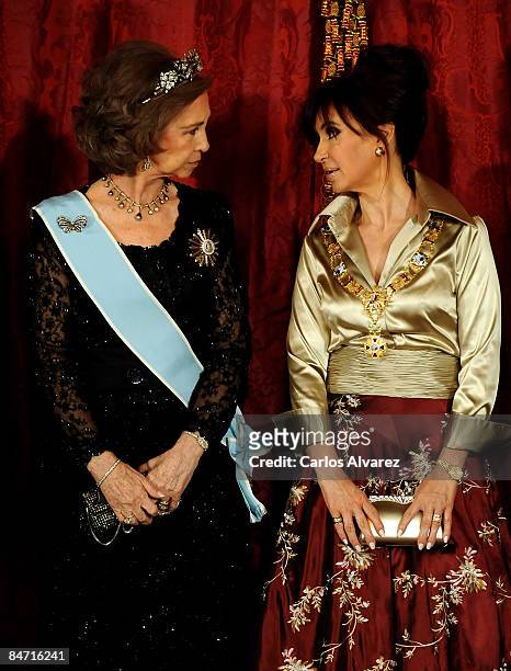 Queen Sofia of Spain and Argentine President Cristina Fernandez de Kirchner during a Gala Dinner at The Royal Palace on February 09, 2009 in Madrid,...