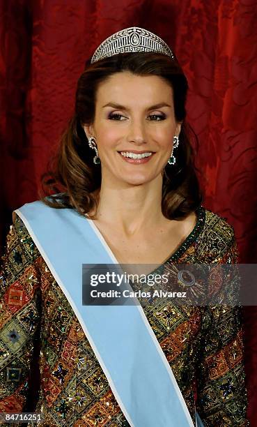 Princess Letizia of Spain attends a Gala Dinner honouring Argentine President Cristina Fernandez de Kirchner, at The Royal palace on February 09,...