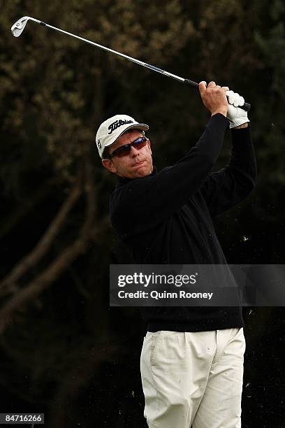 Michael Wright of Australia tees off on the tenth hole during the Australasia International Final Qualifying for The 2009 Open Championship at...