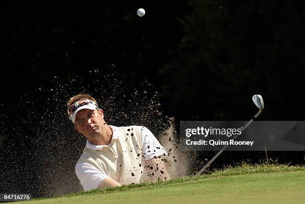 Alister Presnell of Australia plays out of the bunker on the tenth hole during the Australasia International Final Qualifying for The 2009 Open...