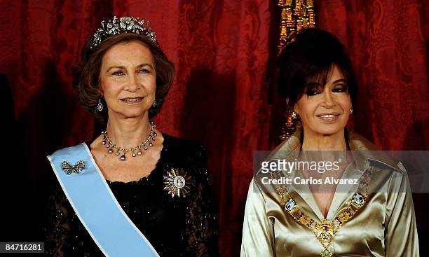 Queen Sofia of Spain and Argentine President Cristina Fernandez de Kirchner during a Gala Dinner at The Royal Palace on February 09, 2009 in Madrid,...