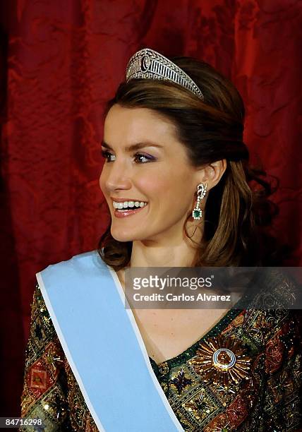 Princess Letizia of Spain attends a Gala Dinner honouring Argentine President Cristina Fernandez de Kirchner, at The Royal palace on February 09,...