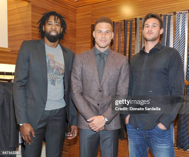 Professional basketball players DeAndre Jordan, host Blake Griffin and Danilo Gallinari at Ermenegildo Zegna Blake Griffin Beverly Hills event 2017...