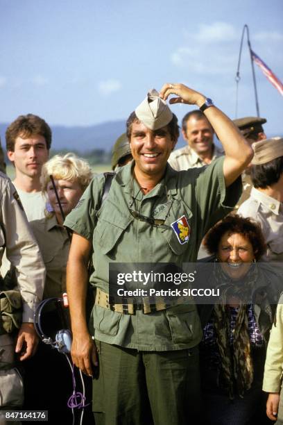 French TV animator Jean-Pierre Foucault and military collectors on July 30, 1987 in France.