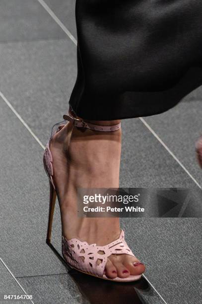 Model, shoe detail, walks the runway at Marchesa Spring 2018 during New York Fashion Week at Gallery 1, Skylight Clarkson Sq on September 13, 2017 in...