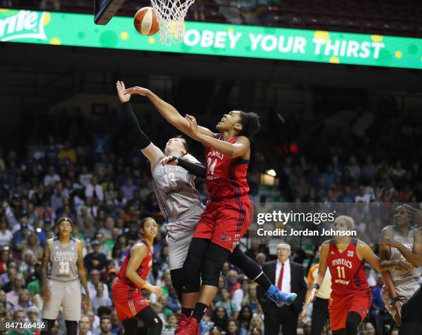 Lindsay Whalen of the Minnesota Lynx shoots the ball against Krystal Thomas of the Washington Mystics in Game Two of the Semifinals during the 2017...